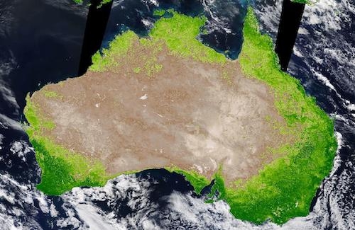 NDVI image of Australia acquired by the Moderate Resolution Imaging Spectroradiometer (MODIS) instrument aboard NASA’s Terra satellite on August 18, 2021. Darker green colors indicate greener, healthier vegetation. Note how the desert in the middle of Australia shows little to no vegetation. Image: NASA Worldview.
