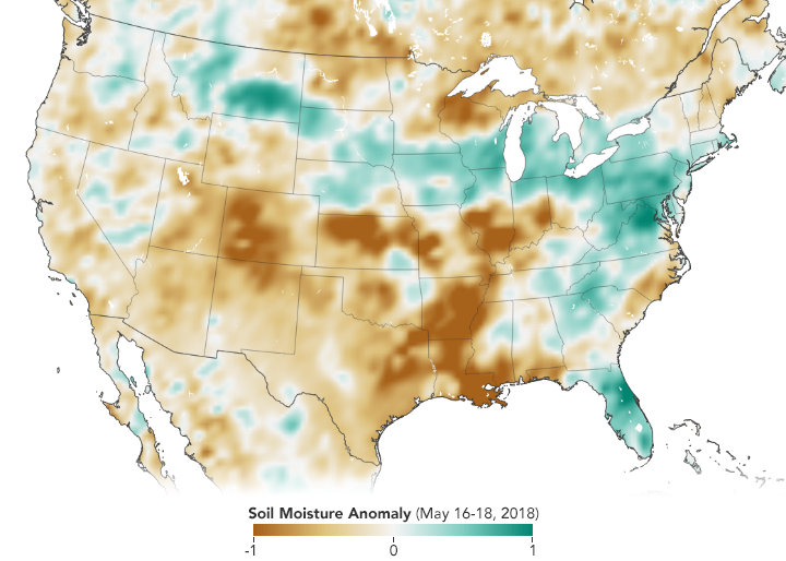 Map based on Soil Moisture Active Passive (SMAP) data showing soil moisture anomalies across the U.S. in mid-May 2018. Soil anomaly data indicate how much the moisture content was above or below the norm. Image: NASA Earth Observatory.