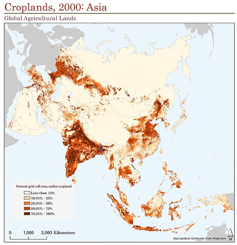 This map from the SEDAC Croplands, v1 (2000) collection shows the land area dedicated to cropland in Asia. Color shading indicates the percentage of the grid cells under cropland, with darker colors indicating a higher percentage under cropland. Image: NASA SEDAC.