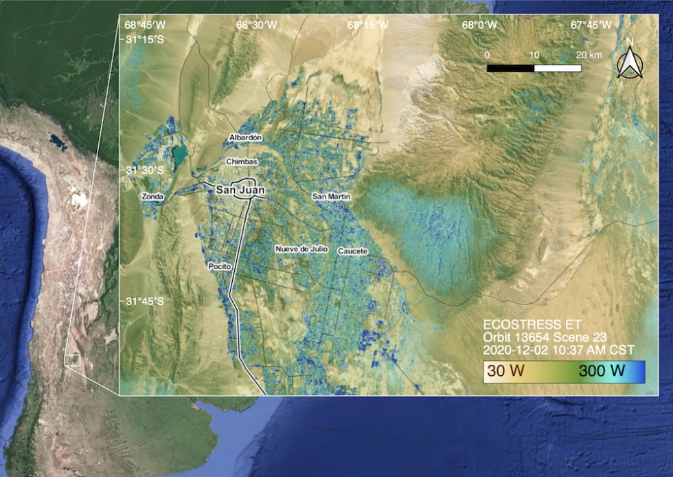 NASA's ECOSTRESS instrument, on board the International Space Station, imaged the water use and loss (evapotranspiration) in San Juan, Argentina on December 2, 2020 at 10:47 AM local time. ECOSTRESS measured the temperature of the surface and produced data for the amount of water being used by plants. Blue colors indicate high water use (e.g., in the agricultural fields and mountains), and beige colors indicate dry conditions (e.g., in the surrounding desert).