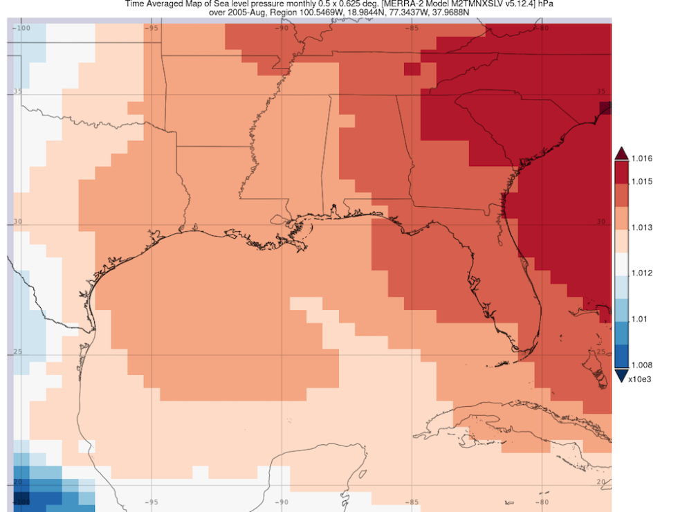 Time averaged map of sea level pressure monthly, August 2005, from MERRA-2 Model, visualized in Giovanni. Credit: NASA.