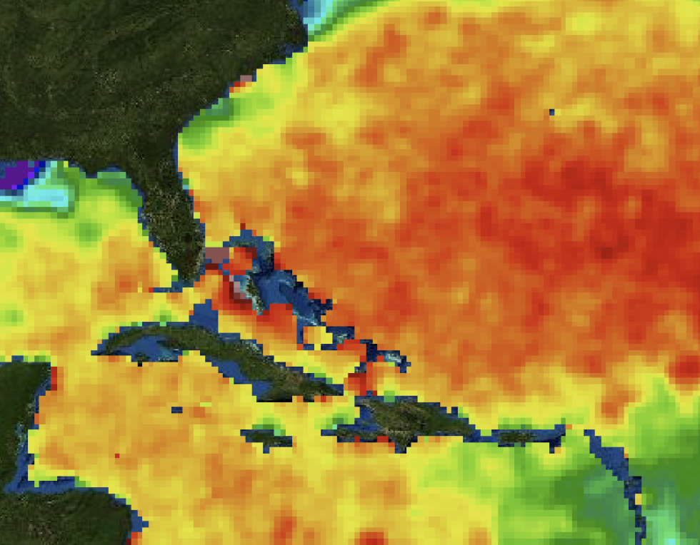 Soil Moisture Active Passive (SMAP) SSS image for the Gulf of Mexico, Caribbean, and Western Atlantic Ocean for 25 June 2021 visualized using the State of the Ocean (SOTO) tool from NASA's Physical Oceanography DAAC (PO.DAAC). SSS is measured in Practical Salinity Units (PSUs), with yellow and red colors indicating higher PSU values. The averaged salinity in the global ocean is 35.5 PSU. 