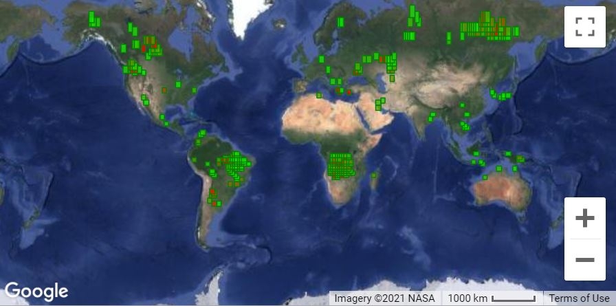 A map of volcanoes around the globe as seen on the MODVOLC website.