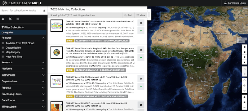 Screenshot of Earthdata Search showing CMR integration
