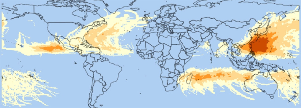 Cyclone Hazard Frequency and Distribution. Credit: NASA's SEDAC.
