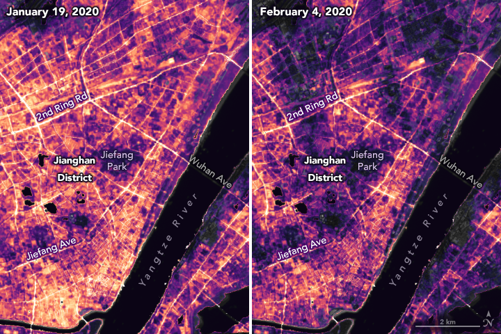 The images on this page show changes in activity around the city of Wuhan, China, between January 19 and February 4, 2020. 