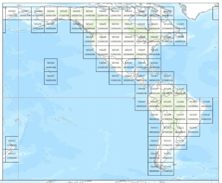 Map of the Western Hemisphere shows the standard MODIS h-v tile naming convention, with the name of each tile shown on top of the tile (e.g., h09v05 for SE USA).