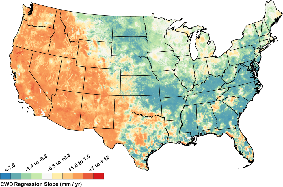 Map of U.S. with colors showing change in annual CWD from the East Coast to the West Coast.