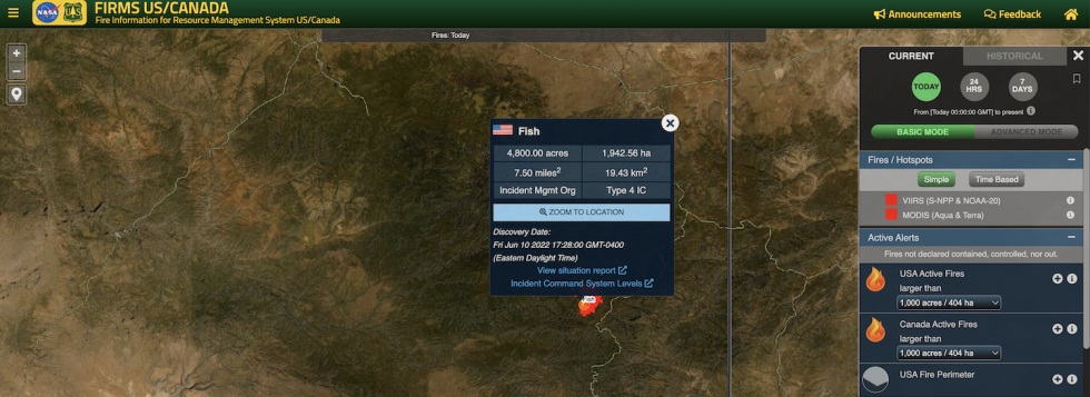 Fish fire info in a box overlain on a topo map