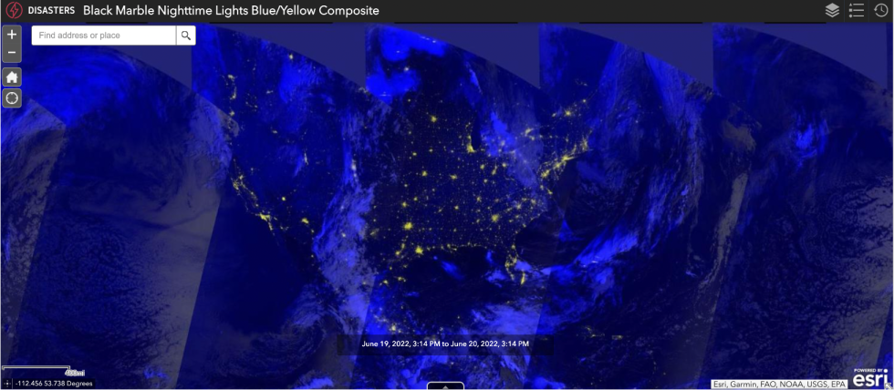 Image of U.S. showing nighttime lights in yellow and clouds in blue.
