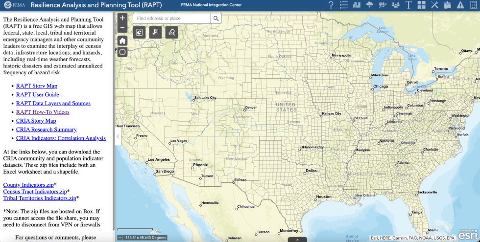 Screenshot of RAPT homepage showing map of U.S. with legend on left.