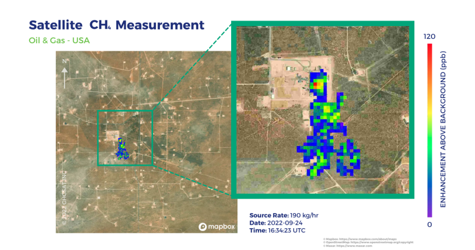 GHGSat data image example with detected methane leak shown in blue/green pixels over a map of New Mexico.