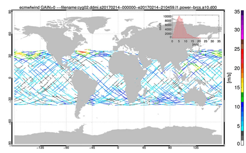 This map shows the coverage of ocean-surface wind measurements collected by one of the eight spacecraft that make up the CYGNSS constellation during the course of four orbits (approximately six hours) on Feb. 14, 2017. Blue values indicate relatively low wind speeds; while yellow, orange and red values indicate increasingly higher wind speeds. The highest wind speeds in this image are associated with a powerful extratropical cyclone that moved off the East Coast of North America. 