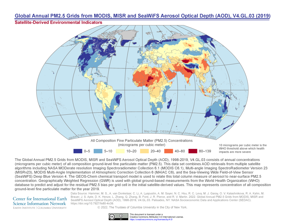 This webinar banner image shows  global PM 2.5 derived from MODIS, MISR and SeaWiFS aerosol optical depth for 2019.