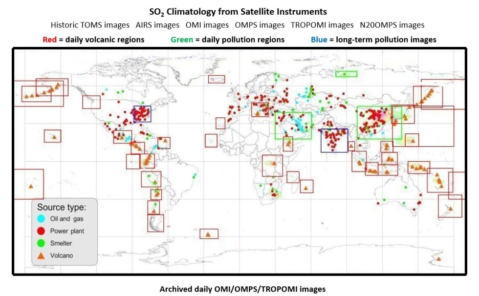 This map shows the location of sulfur dioxide (SO2) emissions as detected by emissions databases and satellite observations. The red rectangles highlight daily volcanic regions, green areas show regions with short-term daily pollution, and blue areas identify locations with long-term pollution. 