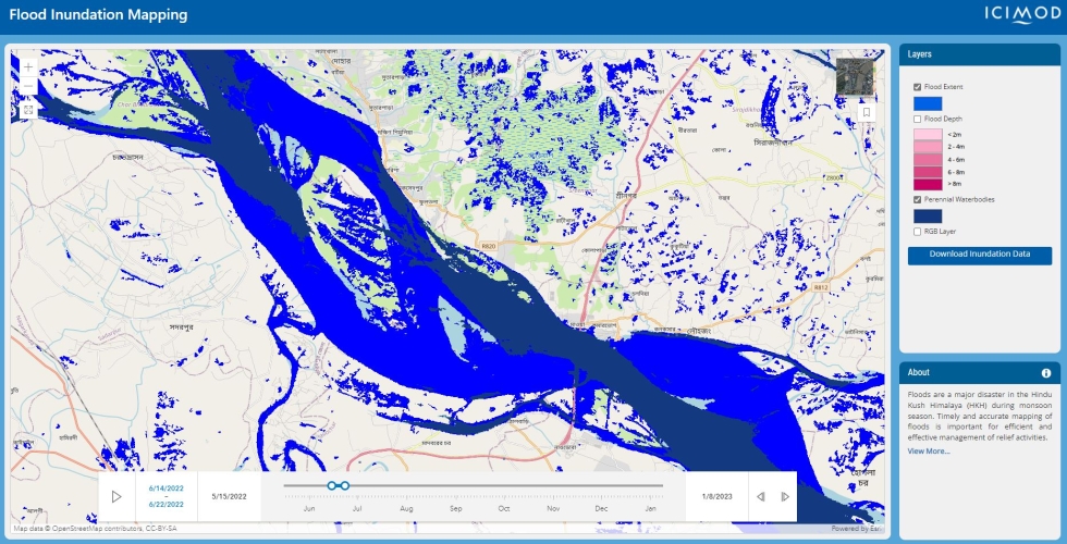 Schultz helped to develop a flood inundation portal for the Hindu Kush Himalaya (HKH) during monsoon season. Using SAR data from the Sentinel-1 satellite, the portal documents the location and extent of floods and landslides caused by heavy rains—timely and accurate information local agencies can use to inform their flood relief activities. The dark blue color shows perennial water bodies whereas the light blue shows areas of flooding.