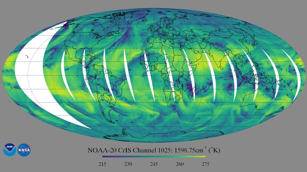 This first light image from the CrIS instrument aboard NOAA-20 shows the global brightness temperature distribution at daytime in one of the CrIS water vapor channels. Dark blue colors in the image represent liquid water and ice clouds. Yellows indicate that the radiation is from the warm Earth's surface, or a dry layer in the middle troposphere. 