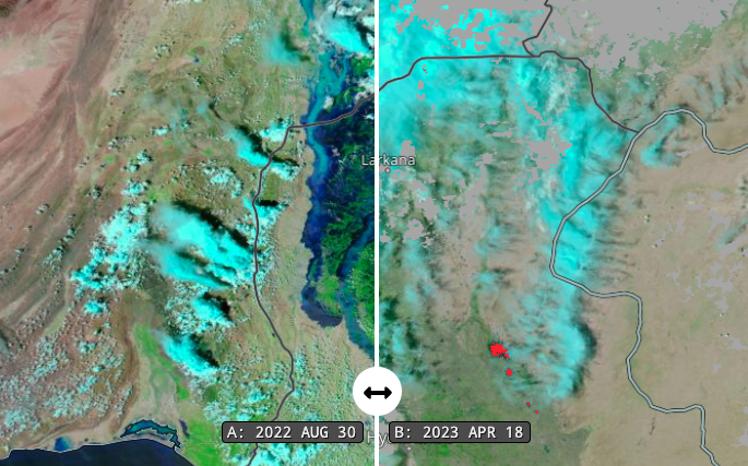 Worldview MODIS data image before and after flooding in Pakistan, August 2022. MODIS data image before and after flooding in Pakistan, August 2022.