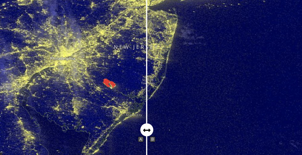 Worldview Black Marble interactive data image of Mullica Fire in New Jersey, June 2022. Black Marble data image of Mullica Fire in New Jersey, June 2022.