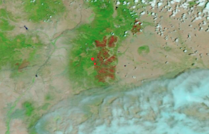 VIIRS data image of Calf Canyon and Hermit's Peak Fire with red points indicating active fire, June 2022. 