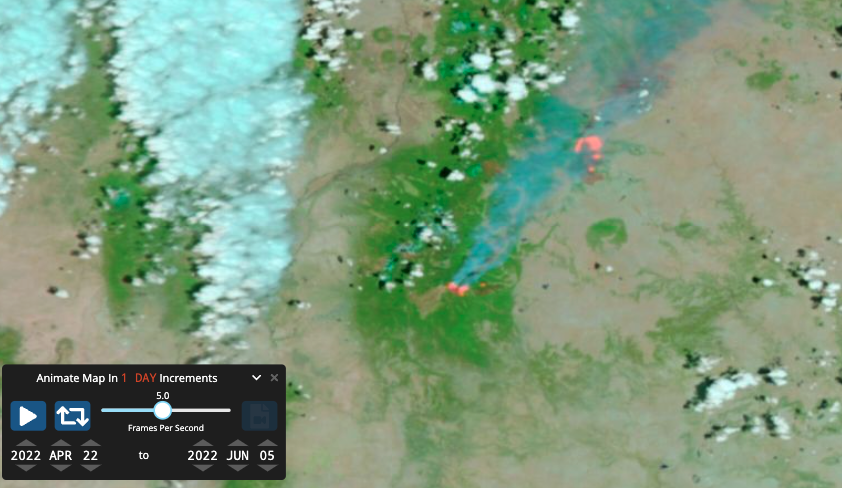 Worldview screenshot showing the play button to animate the Canyon Fire, June 2022.