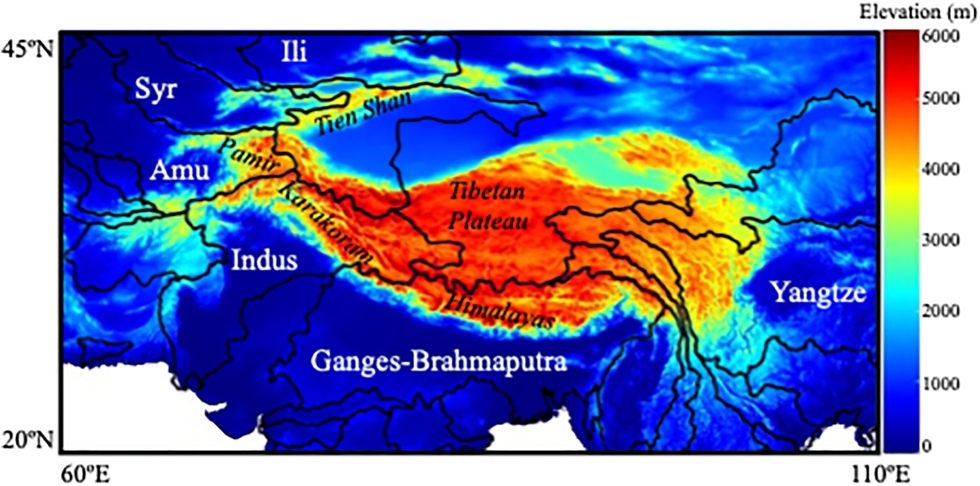  A map of High Mountain Asia showing elevation, major hydrological basins, and mountains. Graphic courtesy of Dr. Maina.