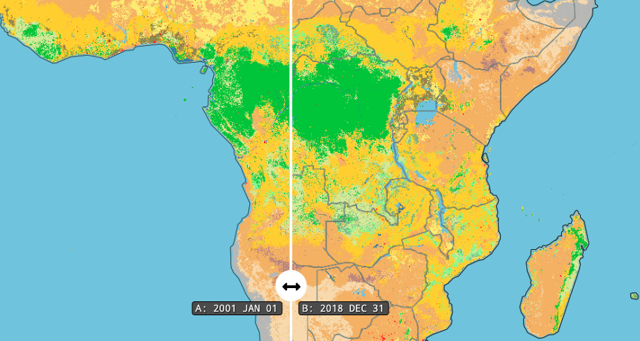 Worldview interactive map showing changes in land cover type. Changes in land cover type between 2001 and 2018.