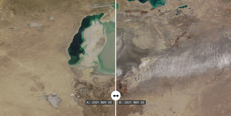 MODIS data image of a shrinking Aral Sea, November 2021.