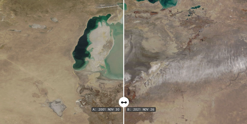 Worldview interactive MODIS data image of a shrinking Aral Sea, November 2021. MODIS data image of a shrinking Aral Sea, November 2021.