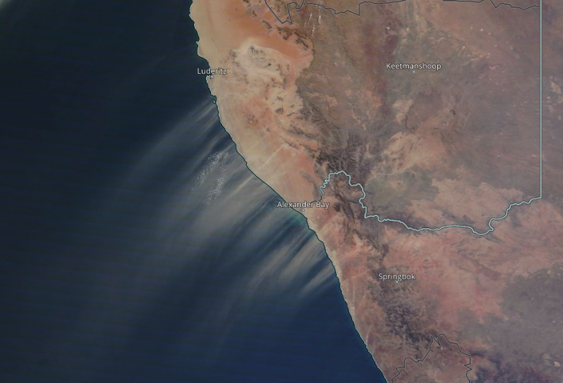 MODIS data image of dust off the coast of southern Africa, June 2022