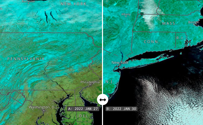 MODIS data image of before and after a snow storm, January 2022.