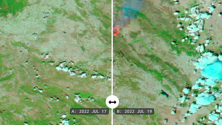Worldview MODIS data image comparing land before and after a fire near Ateca, Spain, July 2022. MODIS data image of fire near Ateca, Spain, July 2022.