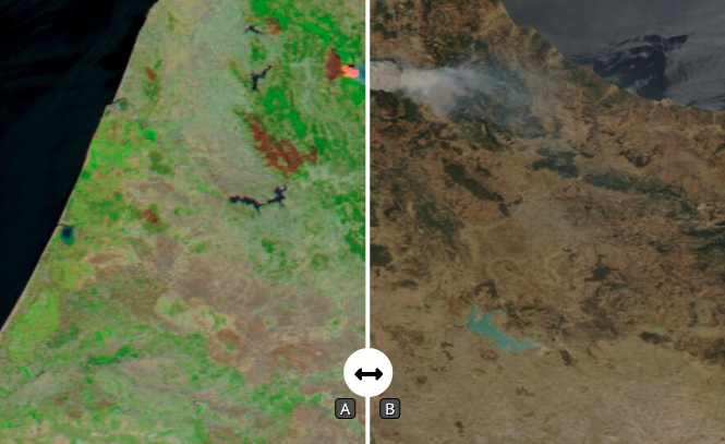 MODIS data image comparing land before and after a fire in Morocco, July, 2022.