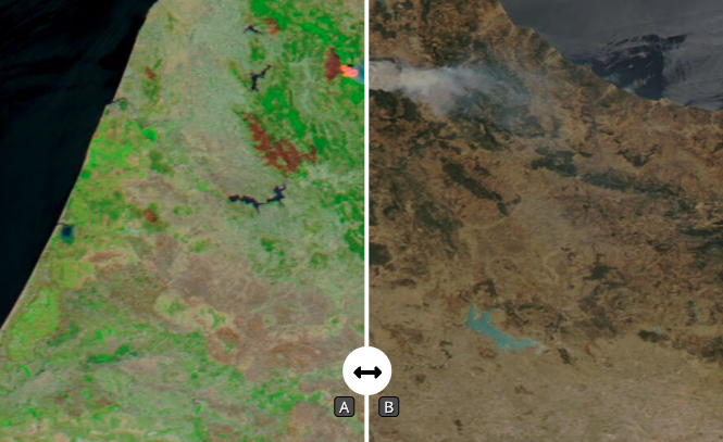 Worldview MODIS data comparing land before and after a fire in Morocco, July, 2022. MODIS data image comparing land before and after a fire in Morocco, July, 2022.