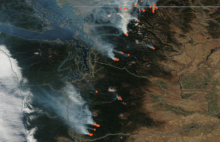 Worldview MODIS data image of fires in Washington state, October 2022. MODIS data image of fires in Washington state, October 2022.