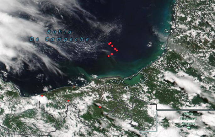 VIIRS data image of gas flares on oil rigs north of Mexico, August 2022.