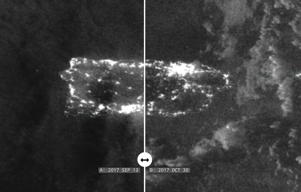 VIIRS nightlight image of Puerto Rico before and after Hurricane Maria