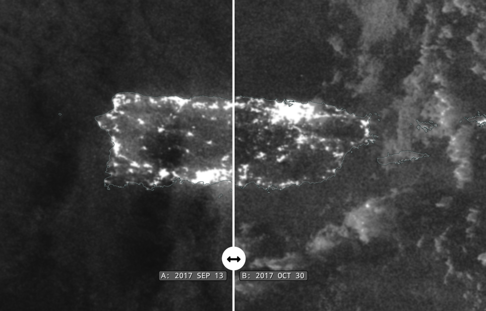 VIIRS nightlight image of Puerto Rico before and after Hurricane Maria VIIRS nightlight image of Puerto Rico before and after Hurricane Maria
