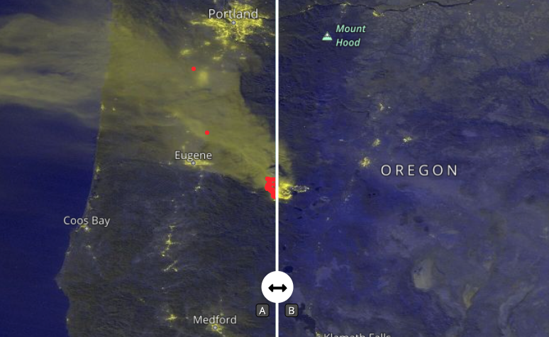 Worldview VIIRS data image before and after the Cedar Creek Fire, Oregon, September, 2022. VIIRS data image before and after the Cedar Creek Fire, Oregon, September, 2022.