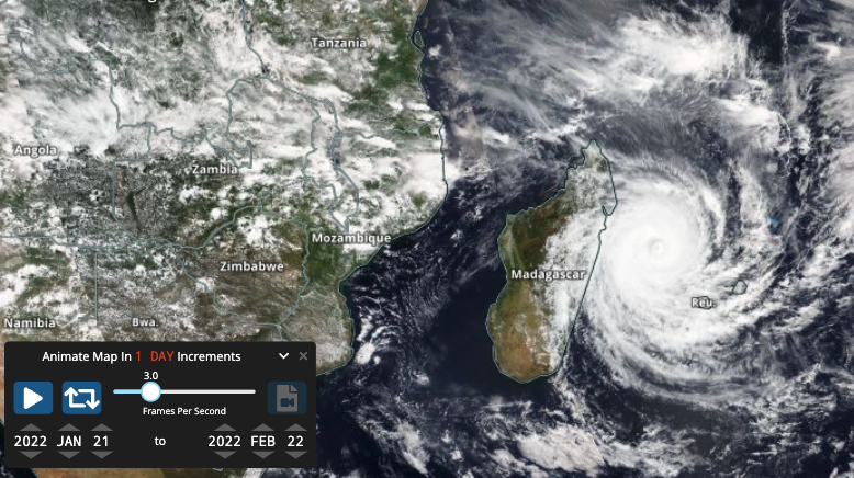 VIIRS data image of Tropical Cyclone Emnai over Madagascar, February 2022.