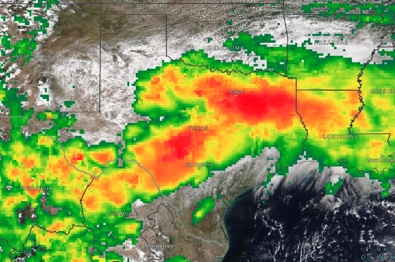 VIIRS data image with overlay of IMERG data of heavy rain over Texas, August 2022.