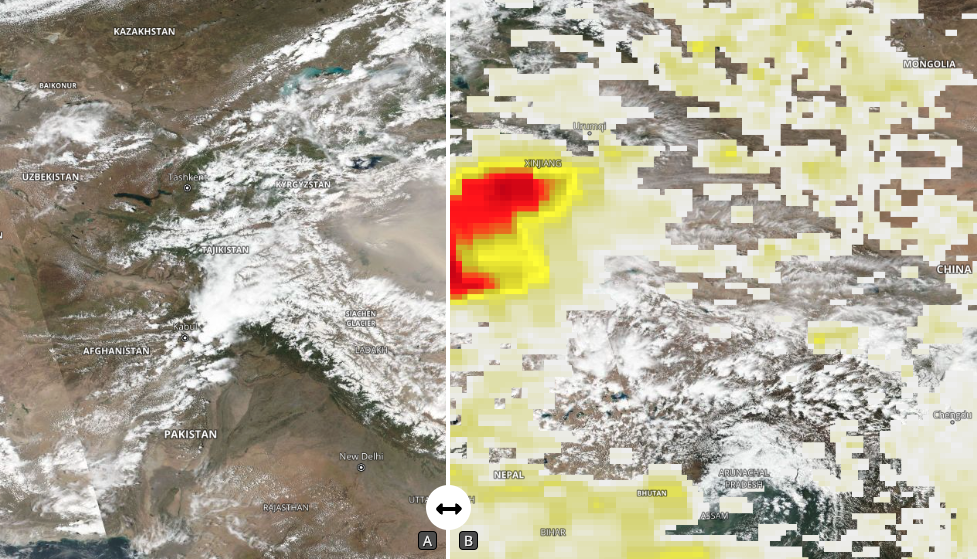 Worldview interactive map showing true color compared to the aerosol index data. VIIRS true color, OMPS aerosol index comparison showing the impact of dust in the Gobi desert.