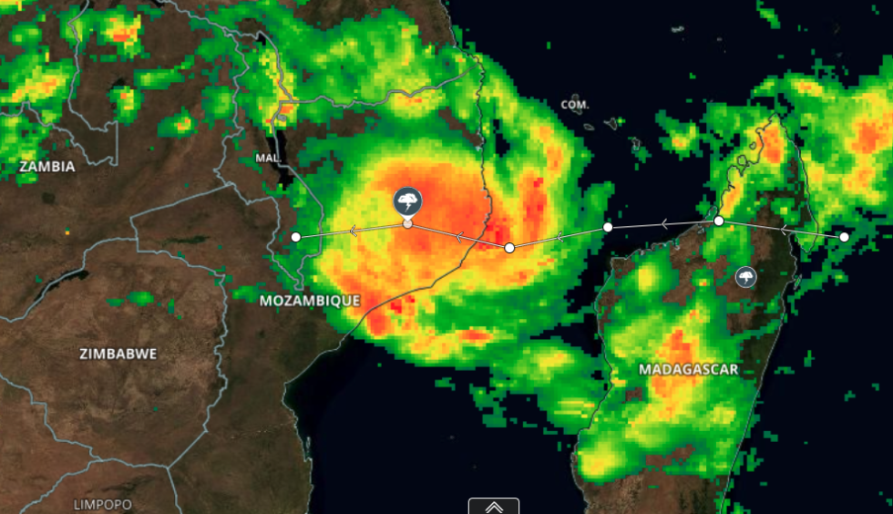 VIIRS data with IMERG data image of Cyclone Gombe over Mozambique.