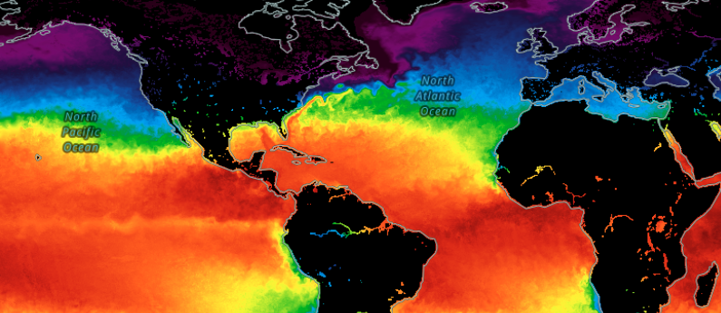 Sea surface temperature near North and South America, multi-mission data. 