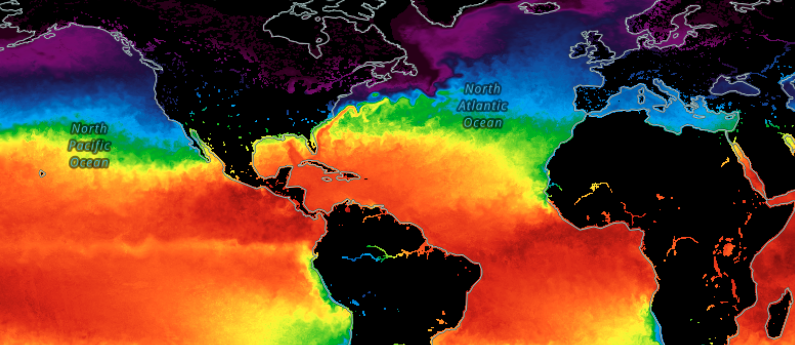 Worldview image using multi-mission data to show sea surface temperature. Sea surface temperature near North and South America, multi-mission data.