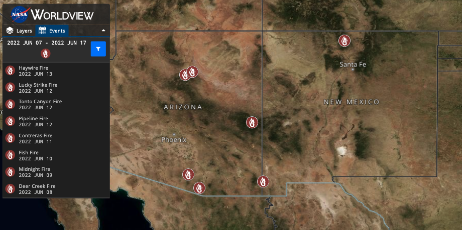 Worldview interactive map showing detected hotspots in the NW United States. Worldview image showing detected hotspots in the NW United States between June 7 and June 17, 2022.