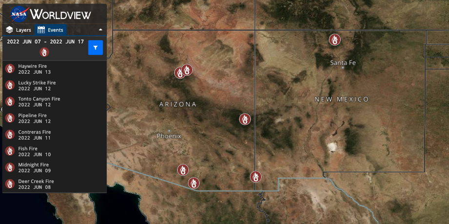 Worldview image showing detected hotspots in the NW United States between June 7 and June 17, 2022.