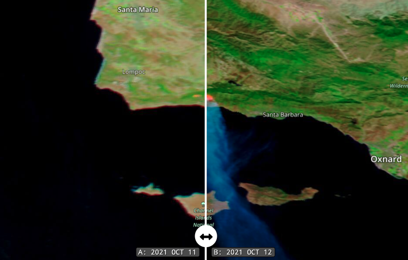 Worldview interactive MODIS data image of Alisal Fire in California comparing before and during the fire. MODIS data image of Alisal Fire in California comparing before and during the fire.