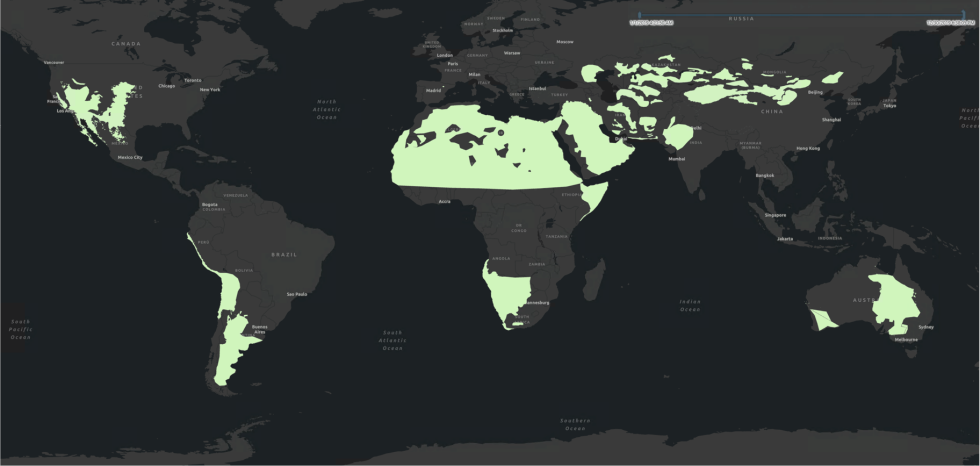 This highlighted areas on this map of the world indicate the places--the arid regions of Africa, Asia, North and South America, and Australia--that the EMIT instrument will focus on from its perch on the International Space Station.