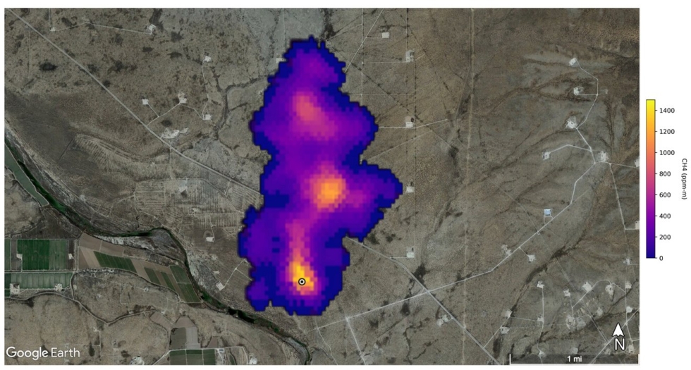 The purple area in this image indicates the presence of a methane plume 2 miles (3 kilometers) long that NASA’s Earth Surface Mineral Dust Source Investigation mission detected southeast of Carlsbad, New Mexico. 